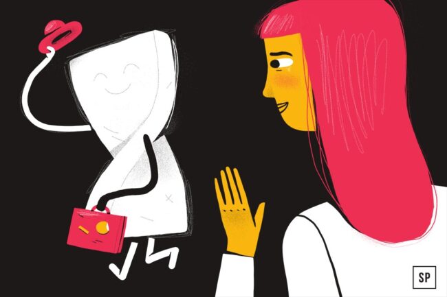 Eine weiße, lächelnde Figur mit einer roten Handtasche winkt einer Frau mit langen rosa Haaren zum Abschied, die daraufhin die Hand hebt - eine verspielte, minimalistische Szene, die den Abschied vor der Matratzen Entsorgung darstellen könnte. Der Hintergrund ist schwarz.