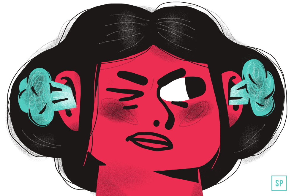 Eine stilisierte Illustration einer Person mit leuchtend roter Haut, dunklem Haar und blaugrünen Gehörschutzstöpseln in beiden Ohren, die mit einem geschlossenen Auge und einem unbeeindruckten Ausdruck zwinkert.