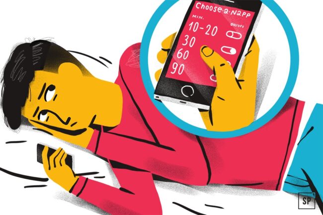 Eine im Bett liegende Person sieht müde aus, während sie ein Telefon hält. Eine Nahaufnahme zeigt den Bildschirm mit der Choose-a-Nap-App, die Power Nap-Optionen für ein perfektes Nickerchen bietet - wählen Sie zwischen 10, 20, 30, 60 oder 90 Minuten.