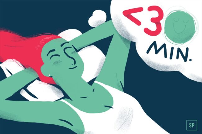 Illustration einer lächelnden Person mit rosafarbenen Haaren, die sich auf einem Kissen ausruht und von einer Seifenblase mit