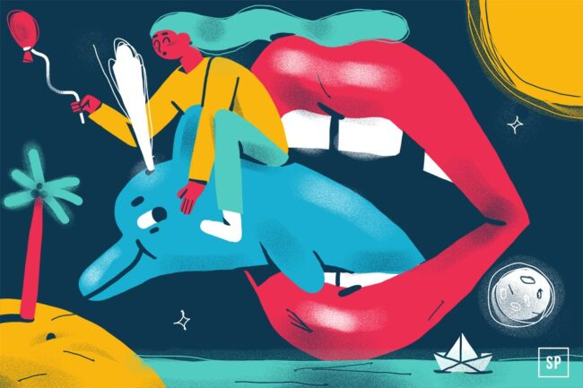 Eine farbenfrohe Illustration, inspiriert von Traumsymbole: eine Person reitet auf einem blauen Delphin und hält einen Luftballon in der Nähe eines großen offenen Mundes. Eine gelbe Sonne, eine kleine Palme, ein Papierboot, der Mond und Wasser schweben vor dem dunklen Hintergrund.