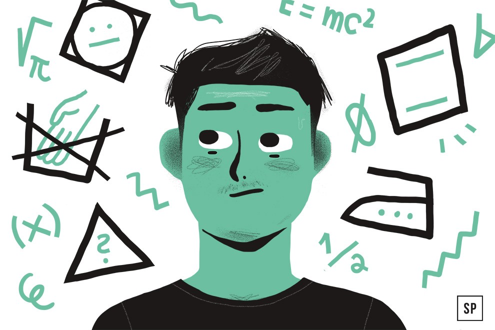 Eine grün gefärbte Person sieht verwirrt aus, umgeben von mathematischen Symbolen, Waschsymbolen, Gleichungen wie E = mc², einem Dreieck mit einem Fragezeichen, einer durchgestrichenen Hand und einem traurigen Gesicht, das Unsicherheit über Mathematik und Waschzeichen vermittelt.