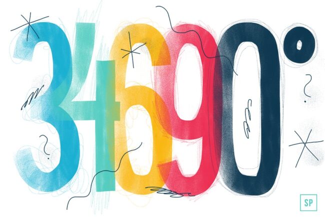 Stilisierte Zahlen 3, 4, 6, 9 und 0 in Blau, Gelb, Rot und Schwarz mit abstrakten Linien, Sternen, Fragezeichen und Waschtemperatur-Symbolen, die auf einem weißen Hintergrund verstreut sind.