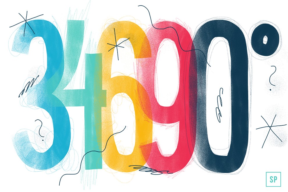 Stilisierte Zahlen 3, 4, 6, 9 und 0 in Blau, Gelb, Rot und Schwarz mit abstrakten Linien, Sternen, Fragezeichen und Waschtemperatur-Symbolen, die auf einem weißen Hintergrund verstreut sind.