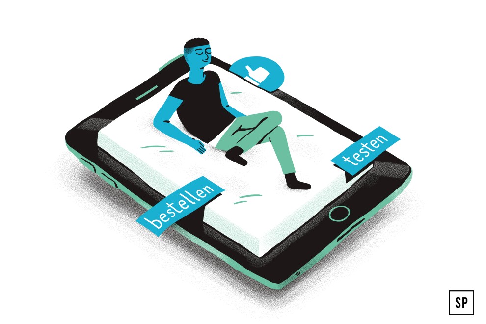 Eine Person liegt auf einer Matratze, die auf einem großen Smartphone-Bildschirm angezeigt wird, mit Schaltflächen, die mit "bestellen" und "testen" beschriftet sind und Matratzen online kaufen symbolisieren. Über ihnen erscheint ein Daumen-hoch-Symbol.