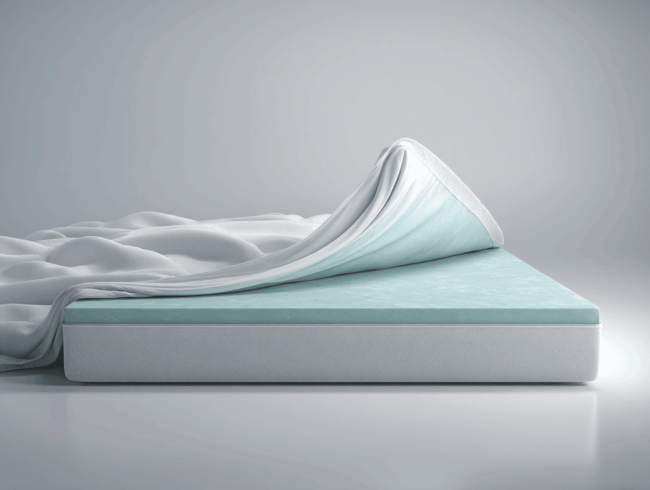 Abgebildet ist eine Matratze mit einer hellblauen Gelschaummatratze, die teilweise von einem weißen Laken bedeckt ist, das drapiert und leicht zurückgeschlagen ist, so dass die glatte Oberfläche der Auflage darunter zum Vorschein kommt.