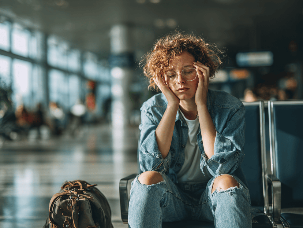 Eine Person mit lockigem Haar und Brille sitzt in einem Flughafenterminal, müde vom Jetlag, die Hände im Gesicht. Sie trägt eine Jeansjacke und zerrissene Jeans und hat einen Rucksack neben sich auf dem Boden liegen.
