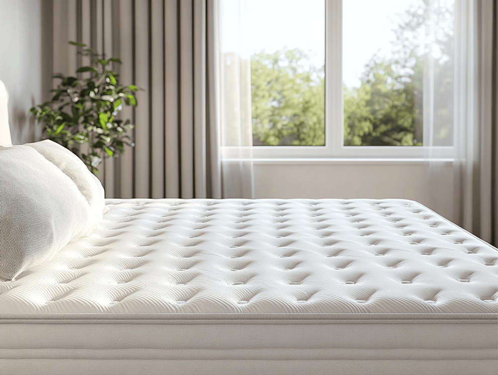 Ein ordentlich gemachtes Bett mit einer weißen, getufteten Matratze, die ein ausgezeichnetes Raumgewicht aufweist, steht an einem Fenster mit durchsichtigen Vorhängen. Das Sonnenlicht strömt herein, und neben dem Bett ist eine Grünpflanze zu sehen.