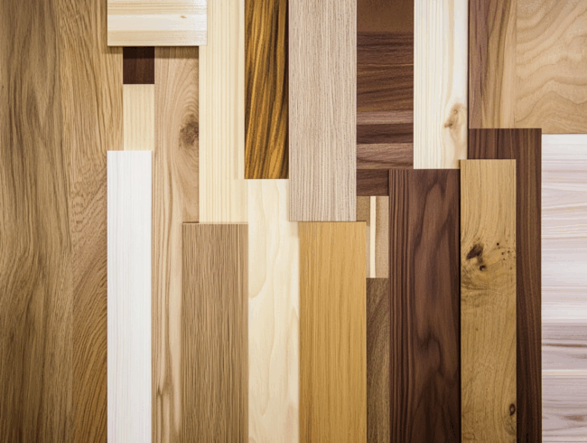 Eine Vielzahl von rechteckigen Holzplatten, die vertikal und überlappend angeordnet sind und verschiedene Holzarten, Farben und Maserungen zeigen. Die Farben reichen von hellbeige bis dunkelbraun.