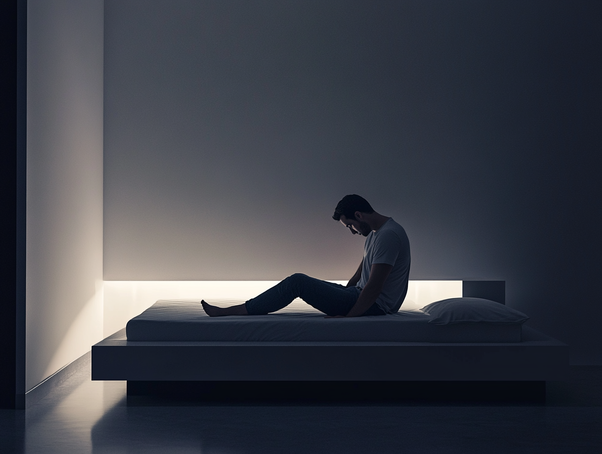 Ein Mann sitzt auf einem minimalistischen Bett in einem schwach beleuchteten, modernen Raum, beim schlafwandeln.
