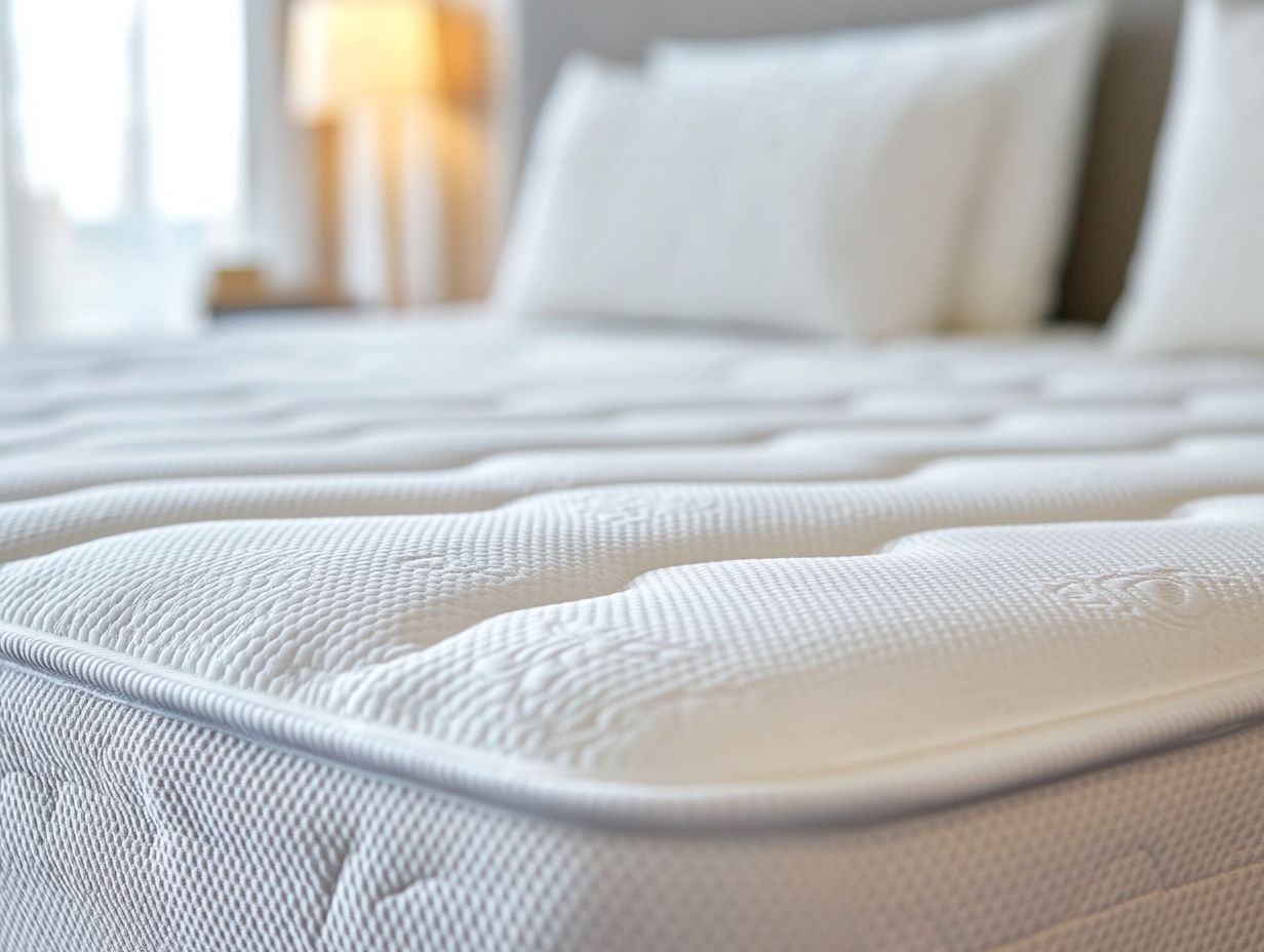 Nahaufnahme einer sauberen, weißen Matratze mit strukturierter Oberfläche, die eine hervorragende Matratzenpflege aufweist, auf einem sauber gemachten Bett mit weißen Kissen und einem unscharfen Hintergrund mit einer Lampe und sanfter Beleuchtung.