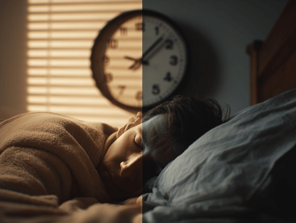 Eine Person schläft im Bett, das Bild ist geteilt, um den Schlafrhythmus zu zeigen: eine Hälfte zeigt Tageslicht mit warmen Tönen und Jalousien, die andere die Nacht mit kühlen Tönen und gedämpfter Beleuchtung. Über dem Schläfer ist eine Uhr zu sehen.