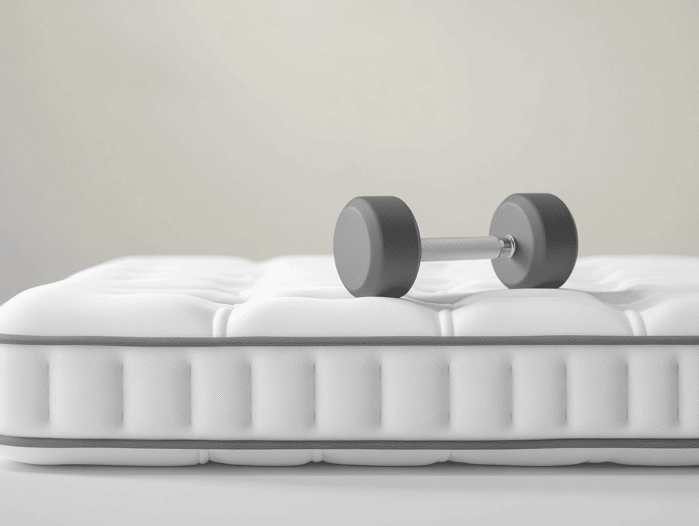 Eine graue Hantel ruht auf einer weißen, getufteten Matratze mit grauer Zierleiste, die die Stauchhärte und den Halt in dieser minimalistischen Umgebung hervorhebt.