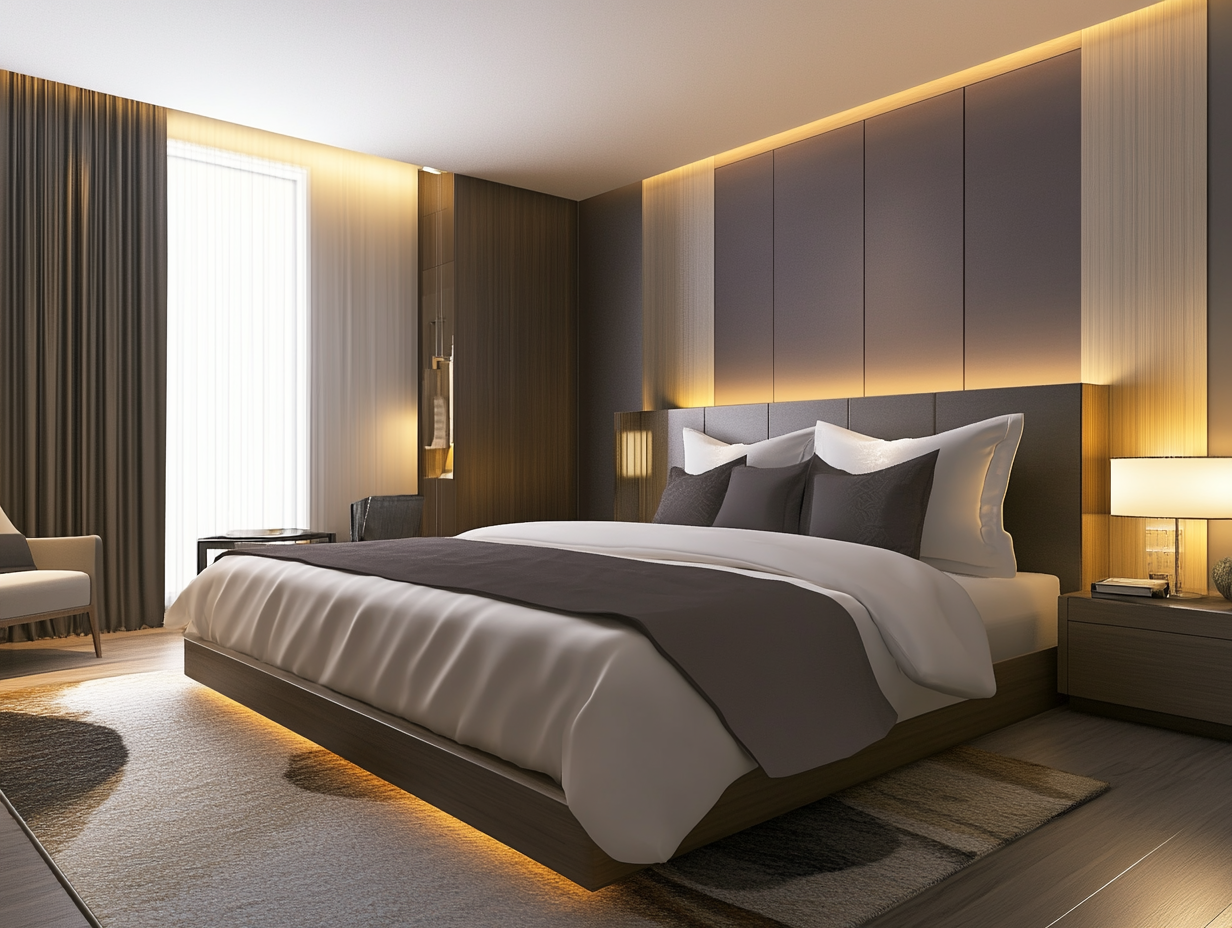 Ein modernes Schlafzimmer mit einem luxuriösen Kingsize-Bett mit grauen Akzentkissen, sanfter Beleuchtung, holzvertäfelten Wänden, raumhohen Vorhängen, einem Teppich und Nachttischen mit Lampen schafft eine gemütliche, elegante Atmosphäre.