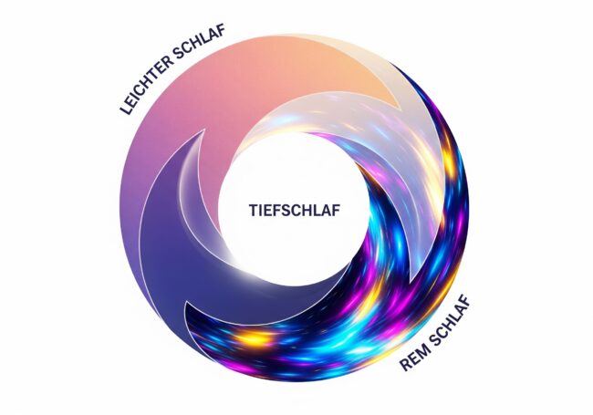 Eine kreisförmige Grafik veranschaulicht drei miteinander verbundene Schlafphasen: Leichter Schlaf, Tiefschlaf und REM-Schlaf, wobei jede Phase mit lebhaften Farbverläufen hervorgehoben wird.