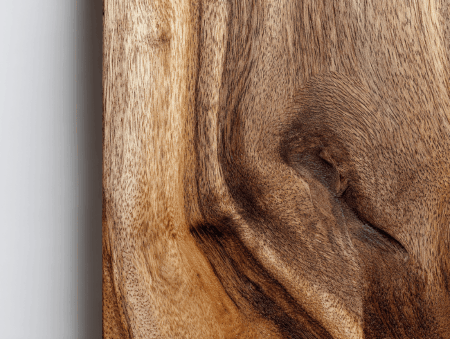 Nahaufnahme einer Echtholzoberfläche mit ausgeprägter natürlicher Maserung und verschiedenen Brauntönen, die von hell nach dunkel übergehen. Die linke Kante des Holzes trifft auf einen glatten, hellgrauen Hintergrund.