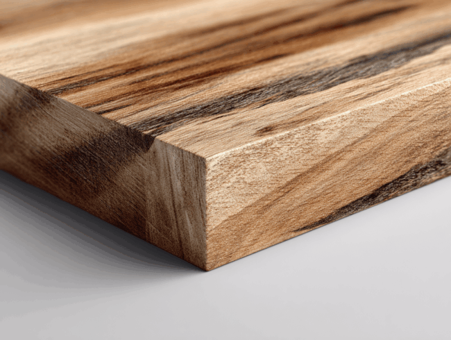 Nahaufnahme der Ecke eines polierten Massivholzbretts mit sichtbaren natürlichen Maserungen in hellen und dunklen Brauntönen auf einer hellgrauen Oberfläche.