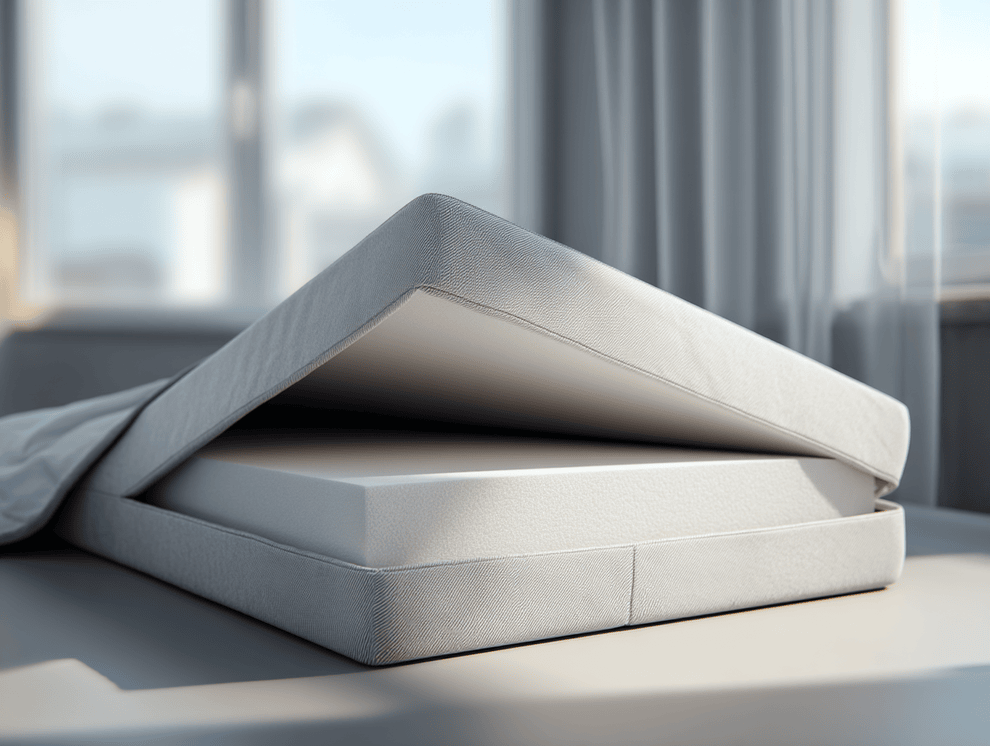 Ein ordentlich gemachtes Bett mit einer teilweise zurückgeklappten Matratzenauflage gibt den Blick auf die darunter liegende Schaumstoffmatratze frei. Das Sonnenlicht strömt durch die großen Fenster und schafft eine ruhige und gemütliche Atmosphäre im Schlafzimmer.