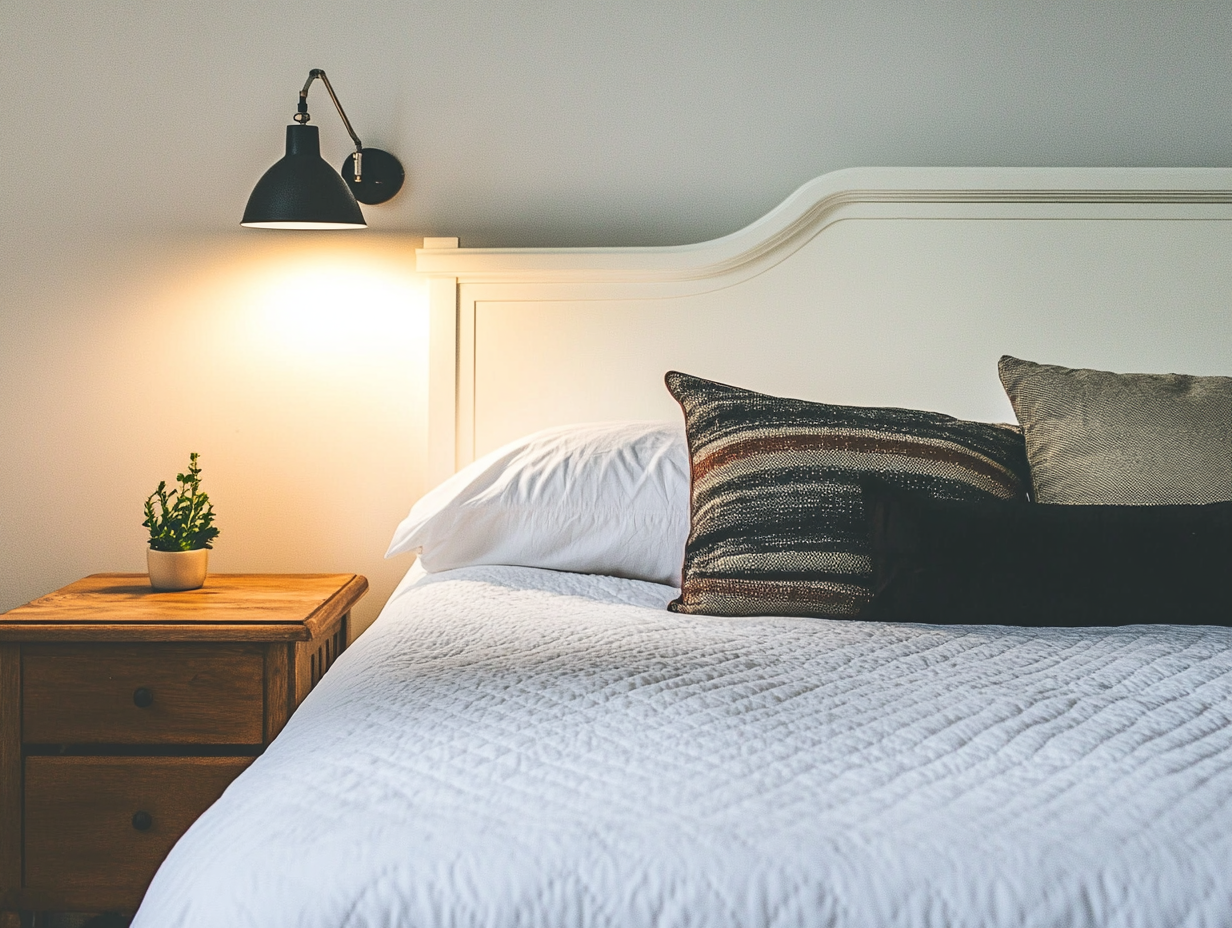 Ein ordentlich gemachtes Queensize-Bett mit weißer Bettwäsche, gestreiften und festen Kissen, steht neben einem hölzernen Nachttisch mit einer kleinen Topfpflanze, unter einer schwarzen Wandlampe, die warmes Licht spendet.