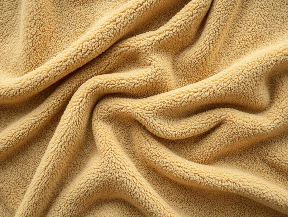 Nahaufnahme eines weichen, beigen Fleece-Stoffes mit Antipilling-Ausrüstung, der sich durch eine strukturierte, flauschige Oberfläche und sanfte Falten auszeichnet, die ein wellenförmiges Muster erzeugen.