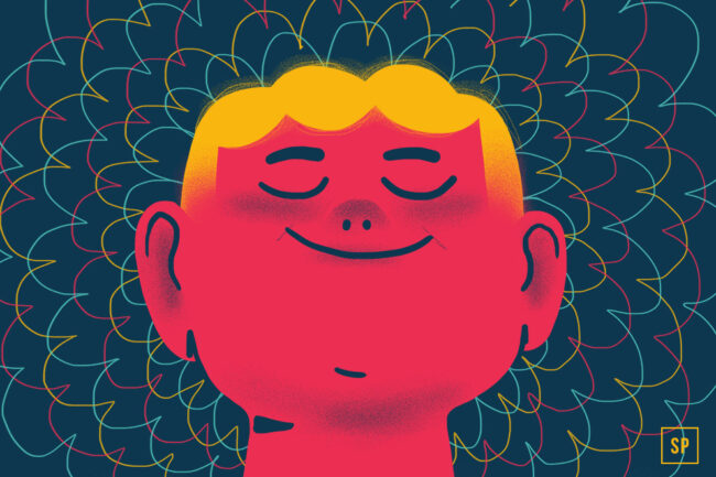 Eine farbenfrohe Illustration einer lächelnden Person mit geschlossenen Augen und gelben Haaren, umgeben von strahlenden, mehrfarbigen Wellenlinien auf dunklem Hintergrund, die an die friedliche Stimmung von Beruhigende Raumdüfte und ätherische Öle für besser schlafen erinnern.