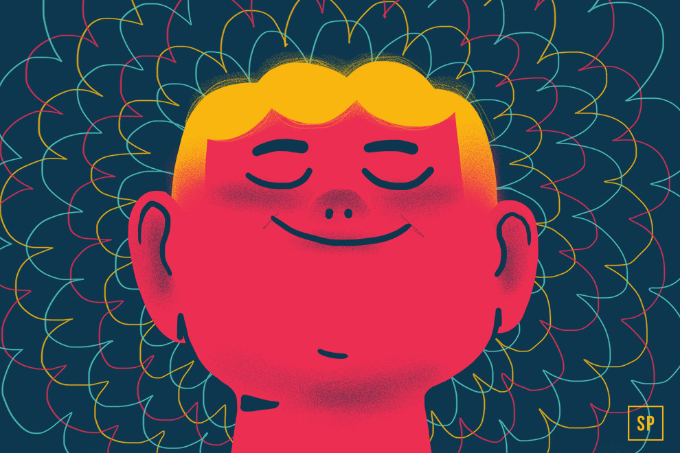 Eine farbenfrohe Illustration einer lächelnden Person mit geschlossenen Augen und gelben Haaren, umgeben von strahlenden, mehrfarbigen Wellenlinien auf dunklem Hintergrund, die an die friedliche Stimmung von Beruhigende Raumdüfte und ätherische Öle für besser schlafen erinnern.