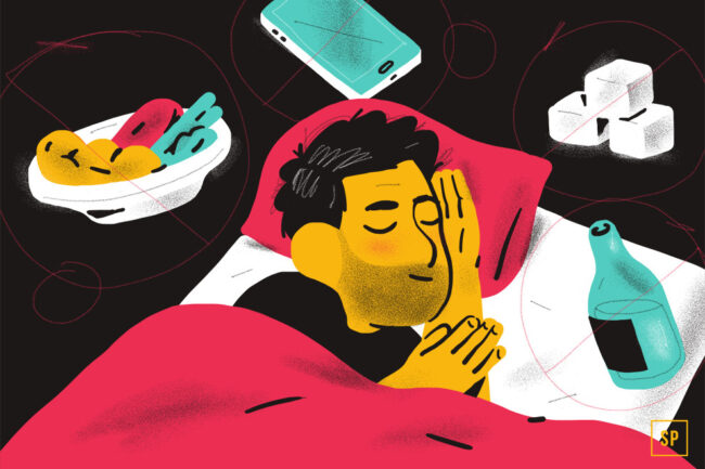 Eine Person genießt Fasten und Schlaf im Bett mit einer roten Decke, umgeben von schwebenden Bildern eines Smartphones, von Früchten, Zuckerwürfeln und einer Flasche, die schwebende Gedanken oder Träume symbolisieren.