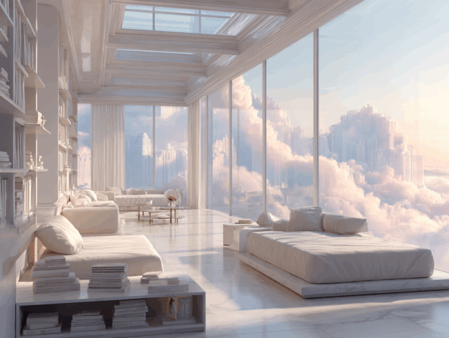 Ein luxuriöses, helles Zimmer mit weißen, modernen Möbeln und Betten, raumhohen Fenstern und Bücherregalen. Die Fenster geben einen surrealen Blick auf Wolken und ferne stadtähnliche Strukturen frei und schaffen eine verträumte, heitere Atmosphäre.