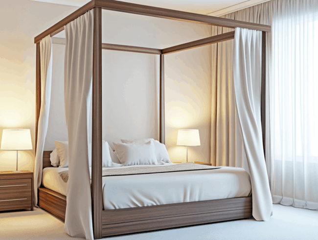 Ein modernes Schlafzimmer mit einem hölzernen Himmelbett mit weißen Vorhängen, weißer Bettwäsche und zwei Nachttischen mit Lampen. Große Fenster mit durchsichtigen weißen Vorhängen füllen den Raum mit natürlichem Licht.