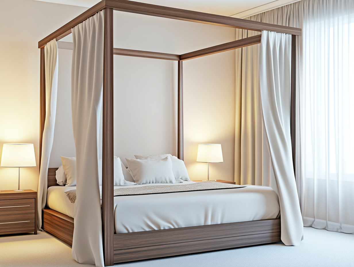 Ein modernes Schlafzimmer mit einem hölzernen Himmelbett mit weißen Vorhängen, weißer Bettwäsche und zwei Nachttischen mit Lampen. Große Fenster mit durchsichtigen weißen Vorhängen füllen den Raum mit natürlichem Licht.