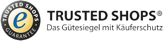 Trusted Shops-Logo mit einem gold-schwarzen, kreisförmigen Abzeichen mit einem kleinen e und dem Schriftzug GUARANTEE, daneben der Text TRUSTED SHOPS® Das Gütesiegel mit Käuferschutz.