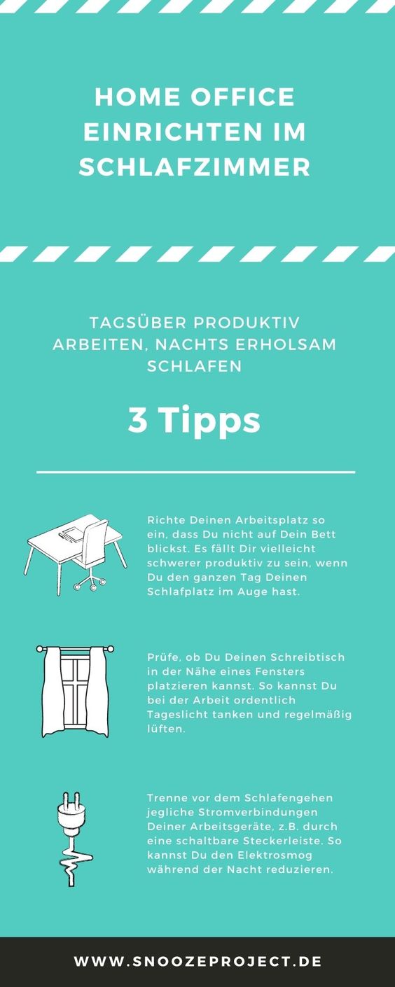 Infografik mit Tipps für die Einrichtung eines Heimbüros im Schlafzimmer, mit drei Tipps für mehr Produktivität: Trennen Sie den Arbeitsbereich vom Bett, halten Sie Ihren Schreibtisch ordentlich und ziehen Sie nachts den Stecker aus der Steckdose.