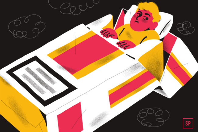 Illustration einer Person, die im Bett liegt und besorgt dreinschaut, mit dunklen Ringen unter den Augen - ein Zeichen für schlechte Schlafqualität. Das Bett und das Bettzeug haben rote, gelbe und weiße geometrische Formen; gekritzelte Wolken schweben auf einem schwarzen Hintergrund.