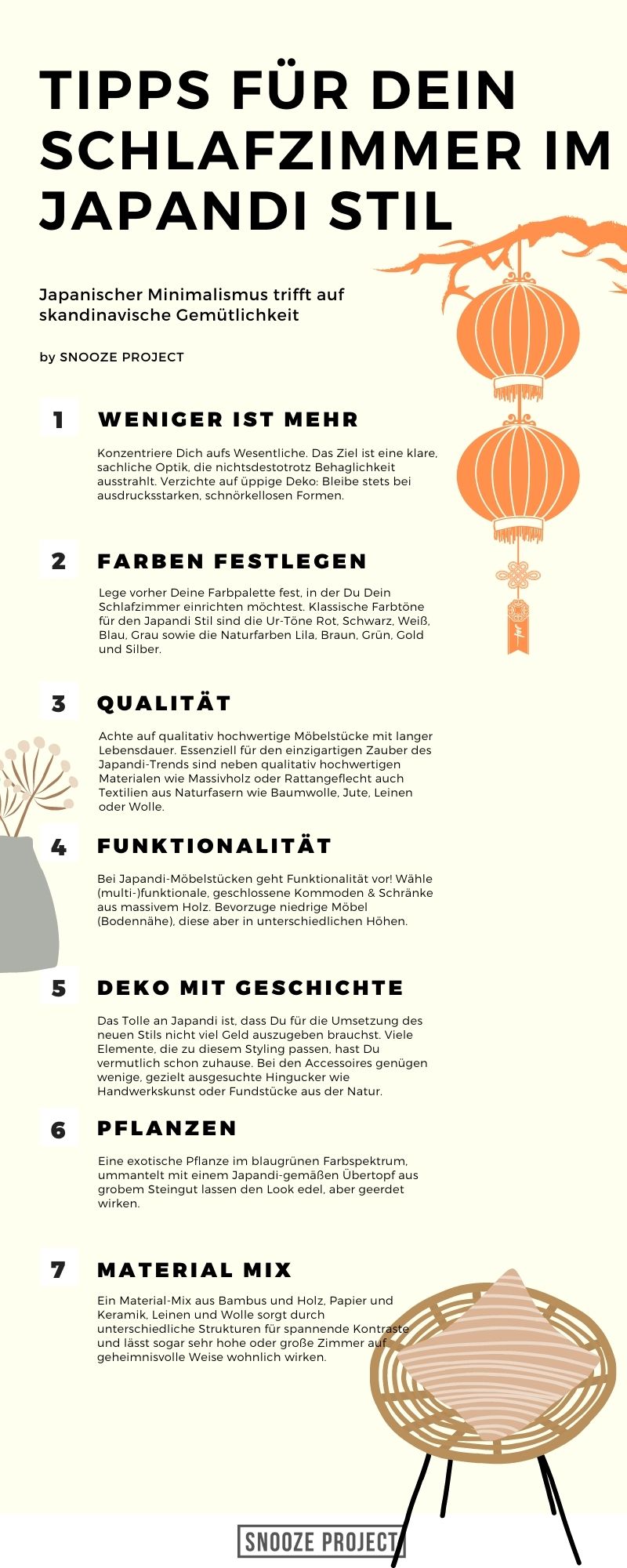 Infografik mit sieben Tipps für ein Schlafzimmer im Japandi-Stil, darunter weniger Möbel, natürliche Farben, hochwertige Möbel, Multifunktionalität, minimalistische Deko, Pflanzen und natürliche Materialien, dekorative Papierlampen und Fächer.
