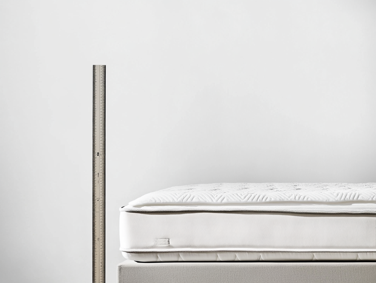 Ein Metalllineal steht aufrecht neben dem Rand einer weißen Matratze mit strukturierter Oberfläche und zeigt deutlich die Matratzenhöhe vor einem schlichten weißen Hintergrund.