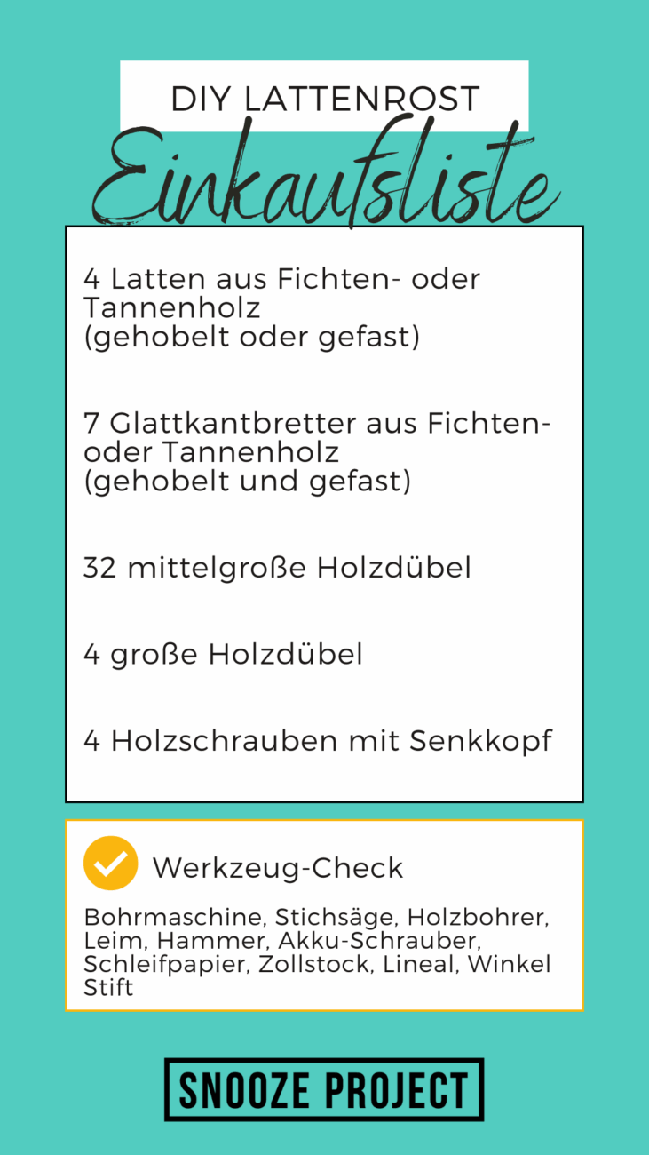 Einkaufsliste für DIY Lattenrost mit Materialien wie Brettern, Dübeln und Schrauben, sowie Werkzeug-Checkliste auf türkisfarbenem Hintergrund. Unten steht Snooze Project.