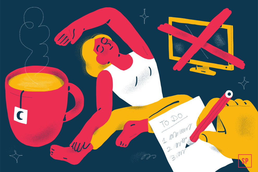 Eine Person streckt sich neben einer großen Tasse Tee. Eine Hand schreibt eine To-Do-Liste, während ein Fernseher mit einem roten X für weniger Bildschirmzeit steht - Schritte zur perfekten Abendroutine vor dunklem, funkelndem Hintergrund.