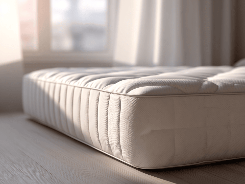 Eine Nahaufnahme einer weißen, getufteten Matratze auf einem Holzboden, mit Sonnenlicht, das durch ein Fenster fällt, und weißen Vorhängen im Hintergrund, die die Atmungsaktivität der Materialien hervorheben.