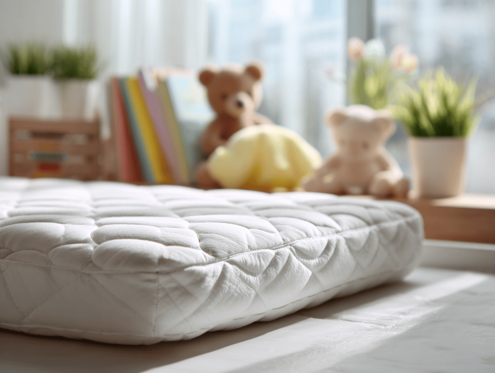 Eine Nahaufnahme einer weißen Kindermatratze auf dem Boden eines hellen, gemütlichen Zimmers mit Teddybären, Büchern und Topfpflanzen im Hintergrund an einem sonnigen Fenster.