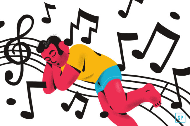Illustration einer friedlich schlafenden Person mit Kopfhörern, die von großen Noten und einem Notensystem umgeben ist, was darauf hindeutet, dass sie Musik zum Einschlafen genießt, während sie in den Schlaf gleitet.