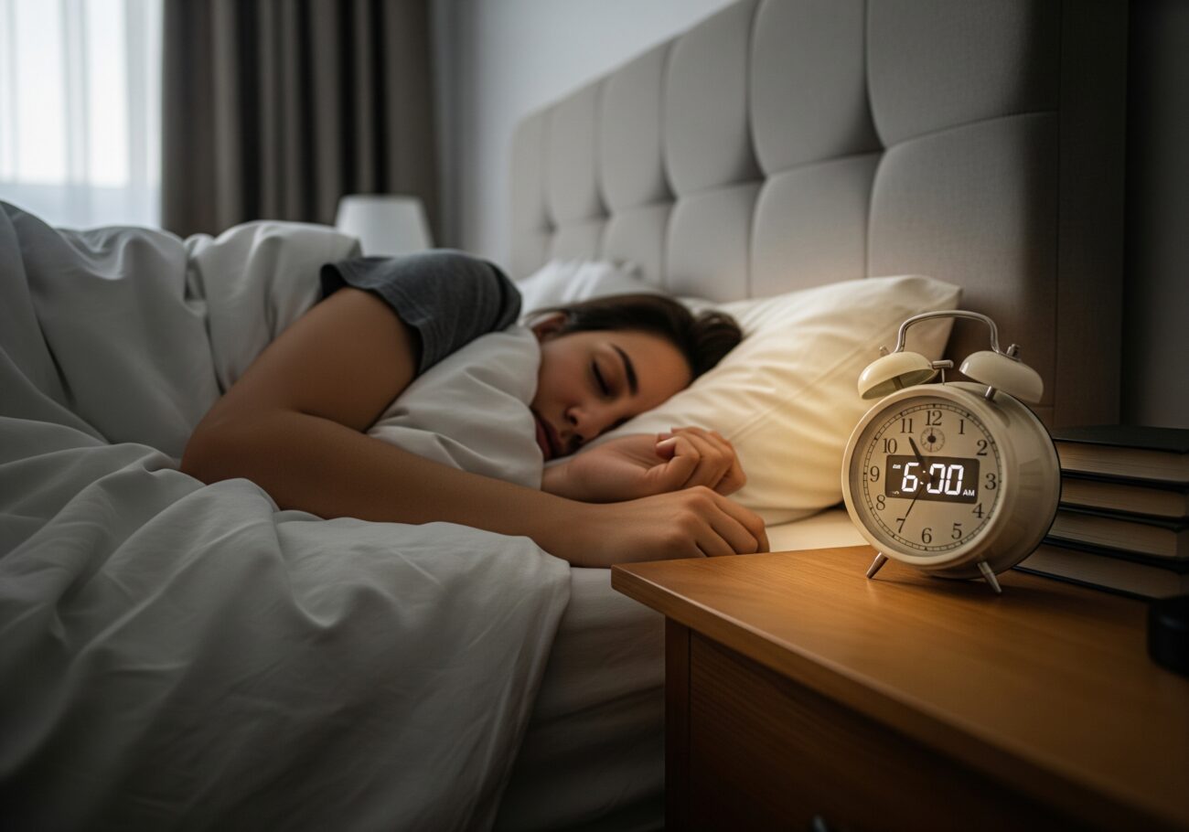 Eine Frau praktiziert polyphasischen Schlaf und ruht sich unter einer weißen Decke aus, den Kopf auf einem Kissen. Ein Wecker zeigt 6:30 neben einem Stapel Bücher und einer Lampe in dem schwach beleuchteten Schlafzimmer.