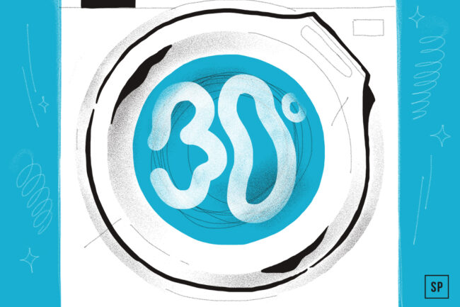 Illustration einer Waschmaschinentür mit blauem Innenraum, auf der in weißer Schrift die Zahl 30° steht, die auf den 30-Grad-Wäsche-Zyklus hinweist. Der Hintergrund ist blau, verziert mit weißen Zierlinien und Glitzern.