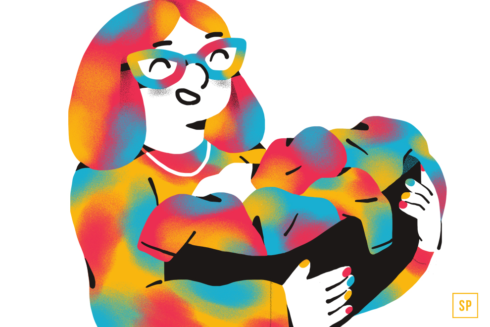 Eine farbenfrohe Illustration einer lächelnden Person mit Brille und einer Halskette, die ein Kleiderbündel hält. Das Bild ist lebendig mit roten, gelben, blauen und grünen Tönen, die ineinander übergehen.