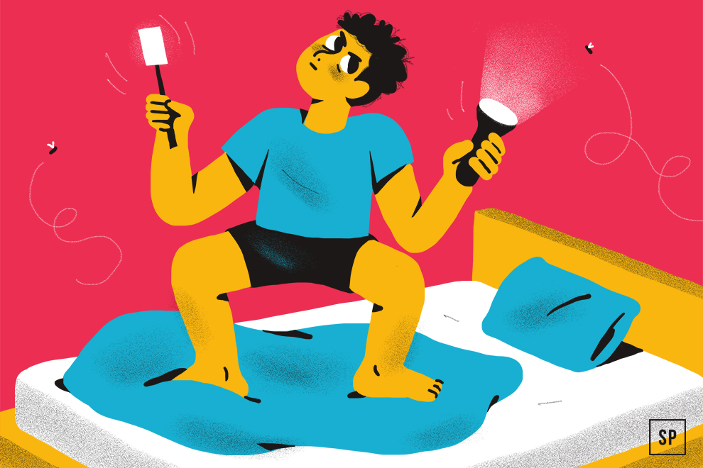 Eine Person in blauem Schlafanzug steht auf einem Bett, hält einen Spachtel und eine Taschenlampe in der Hand, blickt entschlossen nach oben, bereit zum Mücken vertreiben, umgeben von Fliegen in einem farbenfrohen Raum.