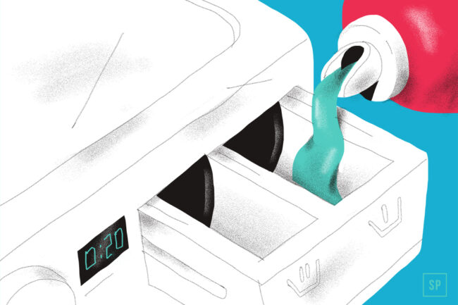 Illustration eines flüssigen Waschmittels, das aus einer roten Flasche in das Waschmittelfach einer Waschmaschine gegossen wird, die auf ihrem digitalen Bildschirm eine Zeitanzeige von 0:20 anzeigt.