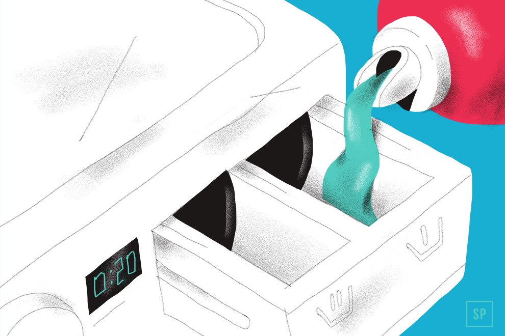 Illustration eines flüssigen Waschmittels, das aus einer roten Flasche in das Waschmittelfach einer Waschmaschine gegossen wird, die auf ihrem digitalen Bildschirm eine Zeitanzeige von 0:20 anzeigt.