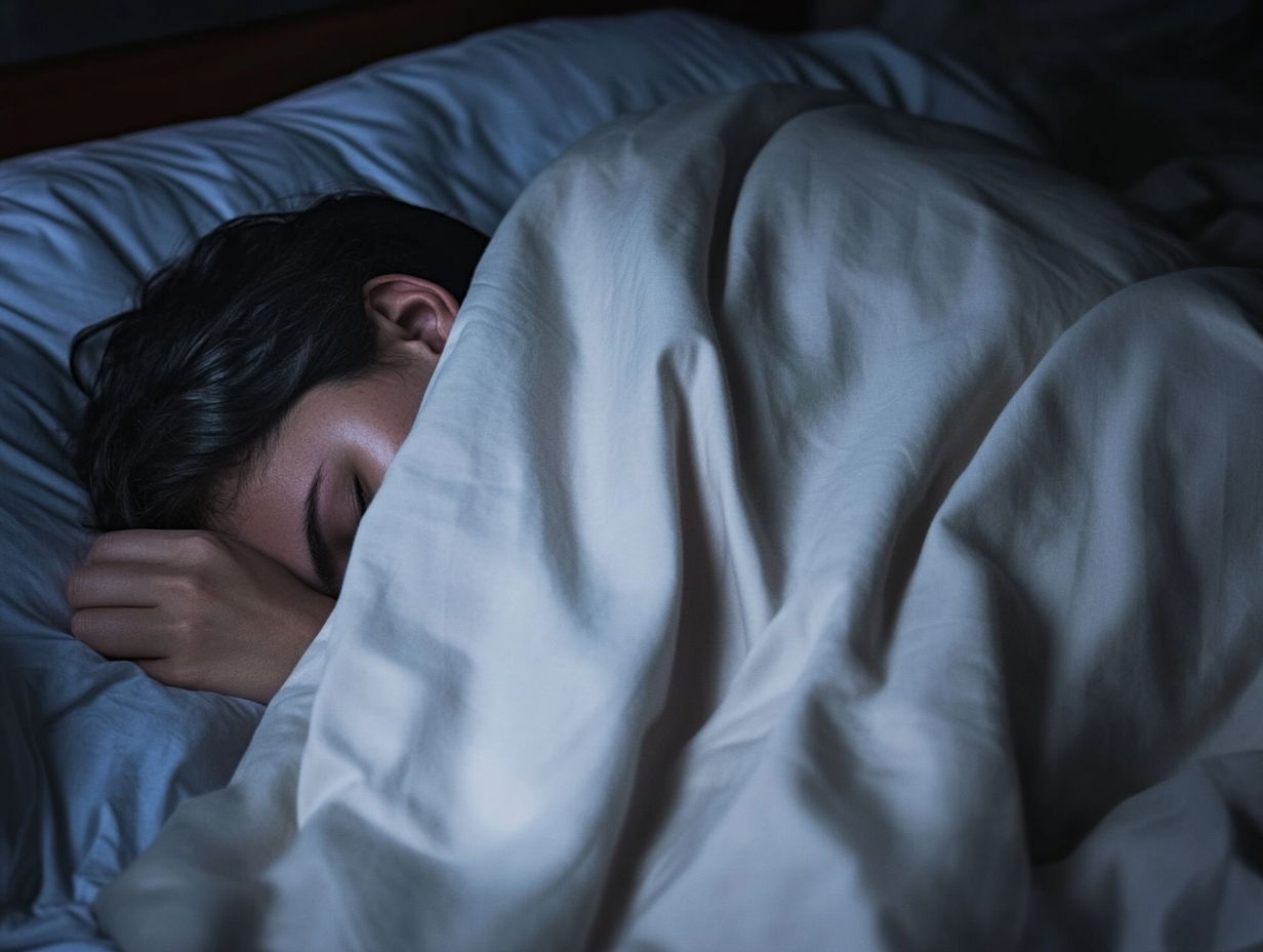 Eine dunkelhaarige Person schläft auf einem Bett, teilweise mit einer weißen Decke zugedeckt, den Kopf auf ein Kissen gestützt und eine Hand in der Nähe des Gesichts - vielleicht mit einer Schlafparalyse - in einem schwach beleuchteten Raum.