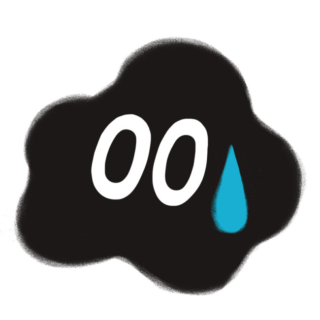 Eine schwarze Wolkenform mit weißem 00 und einer einzelnen blauen Träne auf weißem Hintergrund, die eine traurige oder emotionale Null andeutet.