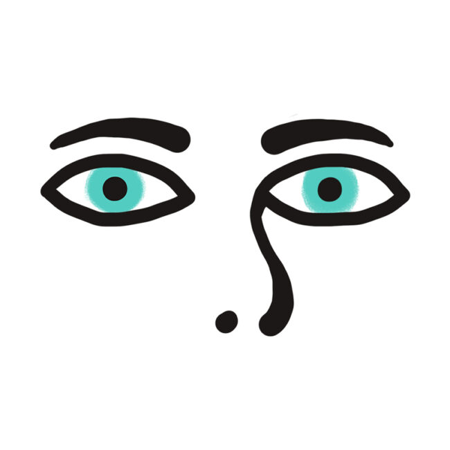 Eine minimalistische Zeichnung von zwei blaugrünen Augen mit schwarzen Umrissen, dicken Augenbrauen und einer einzelnen schwarzen Träne, die aus dem rechten Auge auf einen weißen Hintergrund fällt.