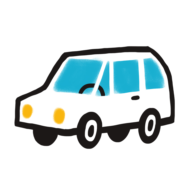 Eine einfache Zeichnung im Cartoon-Stil eines weißen Autos mit blauen Fenstern, gelben Scheinwerfern und schwarzen Rädern, dargestellt von der Seite auf weißem Hintergrund.